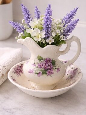 Vintage Made in England Floral Pitcher & Bowl Violet Pattern Cottagecore